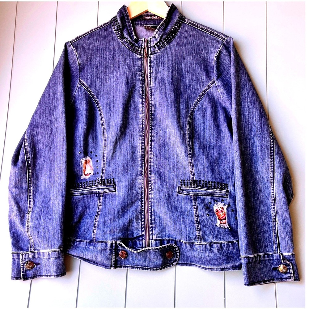 Brama Gold Denim Jacket Women 1X Blue Good‎ Studded Distressed Zip Up CT30130X